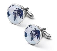 Blue World Map Ocean Nautical Pattern Round Cufflinks, Tuxedo Shirt Cufflink for Groom Husband Father Boyfriend Gift