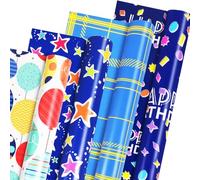 Blue Wrapping Paper Roll, 4 Rolls Navy Blue and Colorful Birthday Wrapping Paper - 43cm x 3m Per Roll, Recyclable Royal Blue Gift Wrap for Birthday Baby Shower Wedding Holiday Party