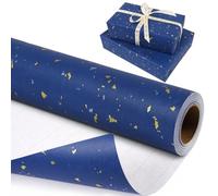 Blue Wrapping Paper Roll 43cm x 10m, Navy Blue Matte Birthday Gift Wrap Paper - Gold Foil and Silver Flake Design, Royal Blue Gift Wrapping Paper for Birthday Wedding Baby Shower Christmas Holiday