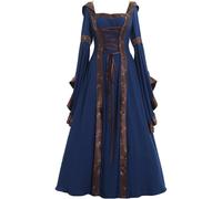 (Blue, X-Large) Women's Gothic Victorian Witch Vampire Dress Medieval Renaissance Hooded Dress Trumpet Sleeves Cosplay Gown Dress