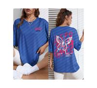 (Blue-X1501-S0093, XXXL) Graphic & Letter Print Crew Neck T-Shirt Women Cotton Plus Size Tshirts Hip Hop Breathable Streetwear Soft Casual Short Sleeve