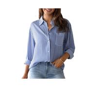 (Blue, XL) Women's Blouse Stripe Shirt Patch Pocket Top Autumn Loose Relaxed Office Lady Long Sleeve Shirt Shirts & Blouses Camisas