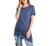 (Blue, XS) Women Long T Shirt Ruched Drawstring Casual Blouse