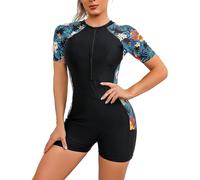 (Blue, XXL) Women's Short/long Sleeve One-piece Swimsuit With Tropical Floral Print Zipper Front Rash Guard Bathing Suit Beachwear_cc