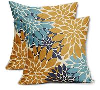 Blue Yellow Aqua Pillow Covers 18x18 Set of 2 Modern Dahlia Floral Decorative Outdoor Pillowcases Geometric Art Flower Farmhouse Throw Cushion Case Decor for Couch Sofa Bed