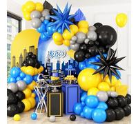 Blue Yellow Black Balloon Arch Kit,Royal Blue Grey Balloon Garland with Star Foil Balloons for Men Police Robots Birthday Graduation Decorations