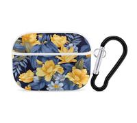 Blue Yellow Floral Airpod Pro Case AirPods 2 Case for Women Hard Shell Protective Cover with Carabiner Keychain Compatible with AirPods Case 2nd 1st Generation, Front LED Visible White