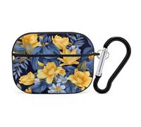 Blue Yellow Floral Airpod Pro Case AirPods 2 Case for Women Hard Shell Protective Cover with Carabiner Keychain Compatible with AirPods Case 2nd 1st Generation, Front LED Visible Black