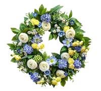 Blue Yellow Floral Wreath 18 inch Artificial Hydrangea Ranunculus Front Door Wreath, Spring Summer Wreath for Indoor Outdoor Wall Decor (55CM)