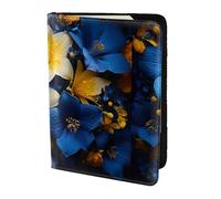 Blue Yellow Flower Print 5.5 Inch Passport For Men And Women Lightweight Stylish Travel Document Wallet, Black, One Size