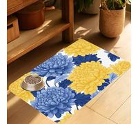 Blue Yellow Flowers Pet Cat Dog Food Mat-Absorbent Quick Dry Feeding Placemat for Water and Food, No Stains Rubber Base Mat for Indoor Use, Pet Accessories 16"x24"