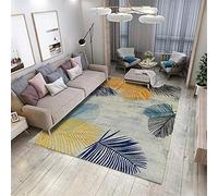 Blue Yellow Leaf Pattern Soft Area Rug - Large Rectangular Bedroom Carpet, Short Pile Cushion for Terrace, Cozy Home Decor - 80 x 120 CM