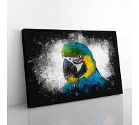 Blue & Yellow Macaw Parrot Paint Splash Modern Art Canvas Wall Art Print Ready to Hang, Framed Picture for Living Room Bedroom Home Office Décor, 76x50 cm (30x20 Inch)