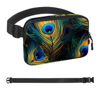Blue Yellow Peacock Feather Fanny Packs for Women Men, Crossbody Belt Bag with Zipper Pockets,Waterproof Waist Packs with Adjustable Strap for Workout Running Traveling Hiking, Multicolor, One Size