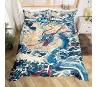 (Blue Yellow, Single(No Comforter)) Homewish Samurai Duvet Cover Cherry Blossoms Bedding Set Double,Japanese Style Comforter Cover Red Sunset Ink Silhouette Bed Cover for Boys Men
