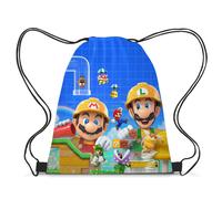 (Blue Yellow) Super Mario Drawstring Backpack Luigi Gym School Kids Bag Storage Lightweight
