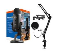 Blue Yeti Microphone (Blackout) with Knox Boom Arm Stand, Pop Filter and Shock Mount Bundle, USB