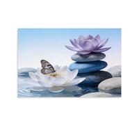 Blue Zen Canvas Wall Art for Bathroom Lotus Pictures Blue Spa Stone Painting Butterfly Flower Artwork for Yoga Decor 20x30inch(50x75cm)