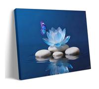 Blue Zen Wall Art Lotus Flower Canvas Spa Stone Canvas for Bathroom Wall Decor Meditation Butterfly Painting 08x12inch(20x30cm)