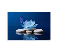 Blue Zen Wall Art Lotus Flower Canvas Spa Stone Canvas for Bathroom Wall Decor Meditation Butterfly Painting 08x12inch(20x30cm)