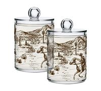 Blueangle 2 Pack Western Desert Cowboy Qtip Holder Dispenser for Cotton Ball, Cotton Swab - Plastic Apothecary Jar Set for Bathroom Canister Storage Organization（659）