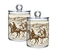 Blueangle 2PCS American West Cowboy Qtip Holder Dispenser with Lids - Apothecary Jar Containers for Vanity Organizer Storage - Plastic Food Storage Canisters（8）