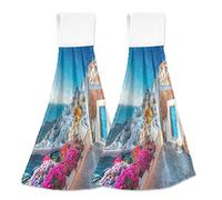 Blueangle Santorini Greece Hand Towels for Kitchen - Soft Absorbent Coral Velvet Bathroom Hand Towels | Kitchen Towels with Hanging Loop, Set of 2