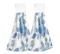 Blueangle Set of 2 Blue Rose Hanging Tie Towels Kitchen Hand Towel Absorbent Soft Coral Velvet Dish Wipe Cloth for Kitchen Bathroom