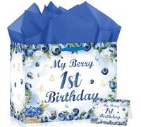 Blueberry 1st Birthday Gift Bag with Wrapping Tissue Paper and Greeting Card My Berry First Birthday Decor for Boys Girls Blueberry Themed Baby Shower Party Decorations Supplies Favors