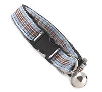 Blueberry Blue Tartan Pattern Cat Collar. Beautiful cat safety collars with bell available in a range colours made in the UK from strong webbing and pretty gingham material