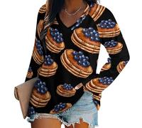 Blueberry Pancakes Long Sleeve T Shirts for Womens V Neck Classic Tee Loose Fit Tops Basic Blouse XL