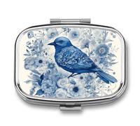 Bluebird and Flowers Pill Box - 2 Compartment Travel Pill Organizer with Small Mirror, Portable Pillcase for Pocket & Purse, Cute Square Medicine Case, Weekly Medicine Container
