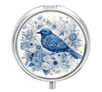 Bluebird and Flowers Pill Box 3 Compartment Travel Pill Organizer with Small Mirror Portable Pillcase for Pocket & Purse Cute Round Medicine Case Weekly Medicine Container
