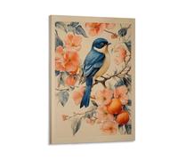 Bluebird And Peach Blossoms Wall Art Oriental Botanical Bird Print Elegant Vintage Style Poster for Nature Lovers Floral Bird Art for Bedroom Study Or Living Room Décor Gift 20x30inch(50x75cm) Frame
