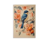 Bluebird And Peach Blossoms Wall Art Oriental Botanical Bird Print Elegant Vintage Style Poster for Nature Lovers Floral Bird Art for Bedroom Study Or Living Room Décor Gift 12x18inch(30x45cm) Unframe
