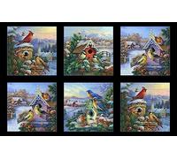 Bluebird Block Panel Winter Song Black by Elizabeth's Studios 100% Cotton Quilting Clothing Fabric