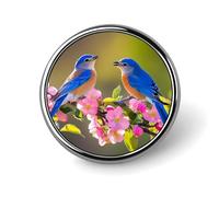 Bluebirds Birds on Floral Branch Round Metal Brooches 1 Inch Memorial Badges Exquisite Decorations Pins for Clothing