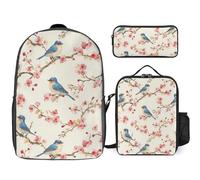 Bluebirds Perched on Cherries Flowers 3-Piece Casual Backpack with Lunch Box And Pencil Case Funny Rucksack Set for Travel Work