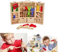 BLUEBRIT Wooden Tool Box Carrycase Pretend Role Play Assembly Construction Toys Kids Gift 35-Piece Set Encourages Fine Motor Skills and Imaginative Play, Includes Hammers, Screws and More