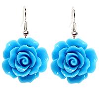 Bluebubble ENGLISH ROSE 22mm Cornflower Blue Carved Rose DANGLE Earrings on Gift Card