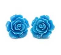 Bluebubble ENGLISH ROSE 22mm Cornflower Blue Carved Rose Stud Earrings on Gift Card