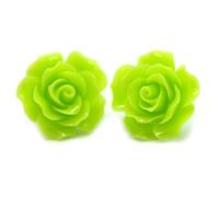 Bluebubble ENGLISH ROSE 22mm Lime Green Carved Rose CLIP ON Earrings on Gift Card