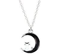bluebubble MIDNIGHT MAGIC Black Cat Crescent Moon Silver Charm Necklace on Gift Card