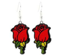Bluebubble MY TATTOO Red Rose Flower Head Dangle Earrings on Gift Card