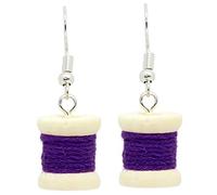Bluebubble SEW SWEET Bobbin Cotton Reel Dangle Earrings on Gift Card (Funky Purple)
