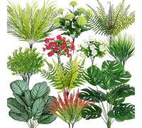 BlueCloudy 20PCS Artificial Plants Outdoor, Fake Plants UV Resistant Faux Greenery Stems Shrubs Bushes Ferns Grass Plastic Artificial Flowers Plant for Outdoors Indoor Window Garden Porch Decor