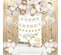 BlueCloudy Birthday Decorations for Women, White Sand Beige Cream Neutral Gold Foil Balloons Table Cloth Sash Crown Curtains Happy Birthday Banner Golden Star Garland Butterfly Boho Party Decoration