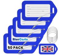 BlueCosto - Luggage Tags - Blue, 50 Pack - Suitcase Tags with Name ID Card & Heavy-Duty Metal Wire Loops - Bright Coloured PVC Identifiers for Travel Baggage - Backpack Name Labels
