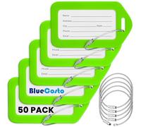 BlueCosto - Luggage Tags - Green, 50 Pack - Suitcase Tags with Name ID Card & Heavy-Duty Metal Wire Loops - Bright Colored PVC Identifiers for Travel Baggage - Backpack Name Labels