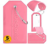 BlueCosto - Luggage Tags - Large, Pink, 5 Pack - PVC Suitcase Tags w/Privacy Cover & Stainless Steel Wire Loops - Personalised Baggage Identifiers for Travel - Backpack Name Labels